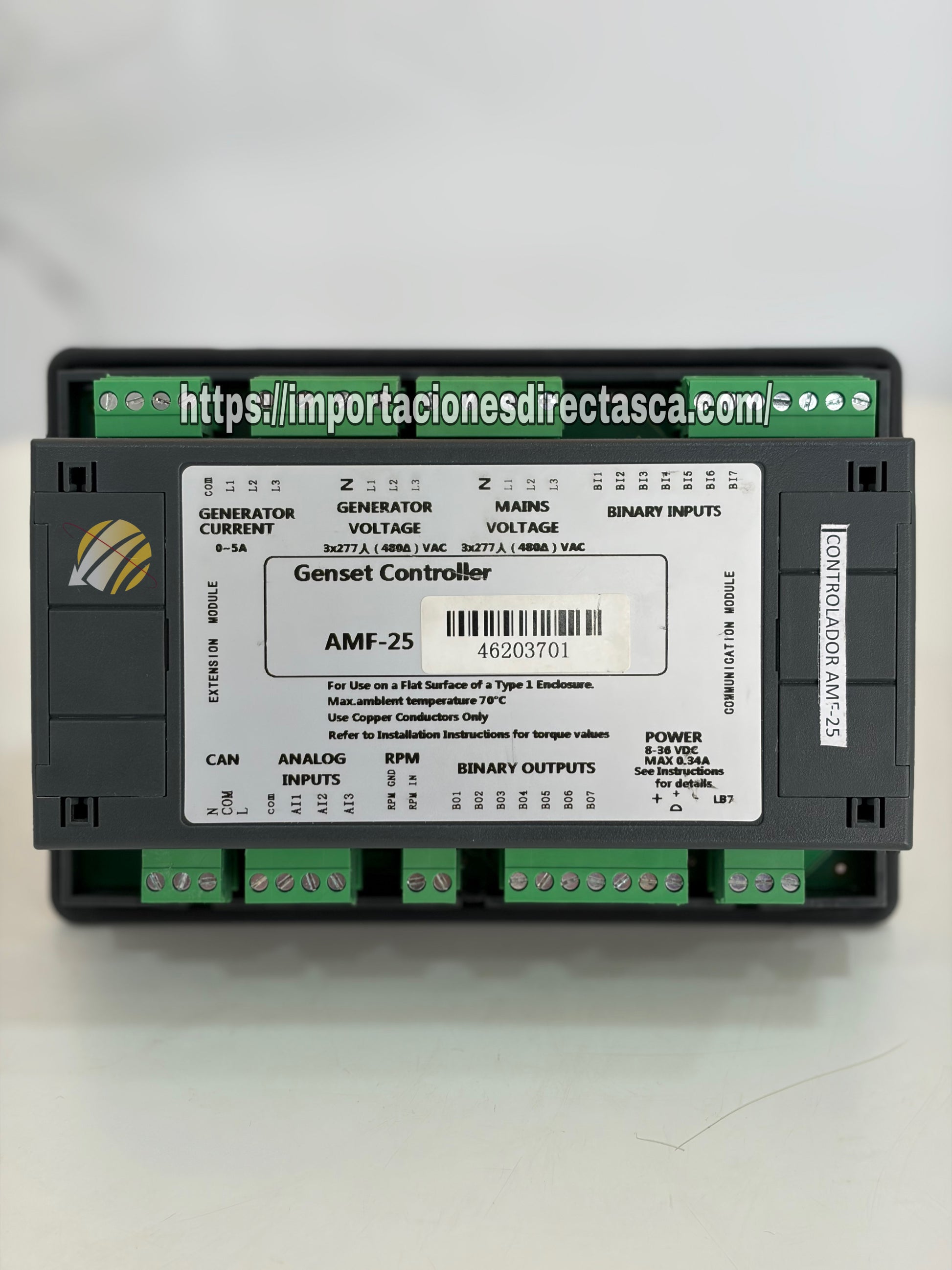 Detalle de puertos de comunicación y entradas de control del AMF 25 - Ingeniería Avanzada Infinite Technology®.